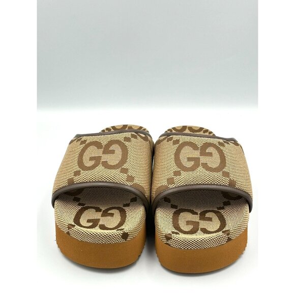 Gucci Monogram Jumbo GG Platform Slide Sandals Camel Ebony Size37 - Picture 2 of 13